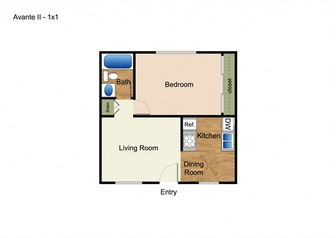 Floor plan for 1 bed, 1 bath, 690 sqft